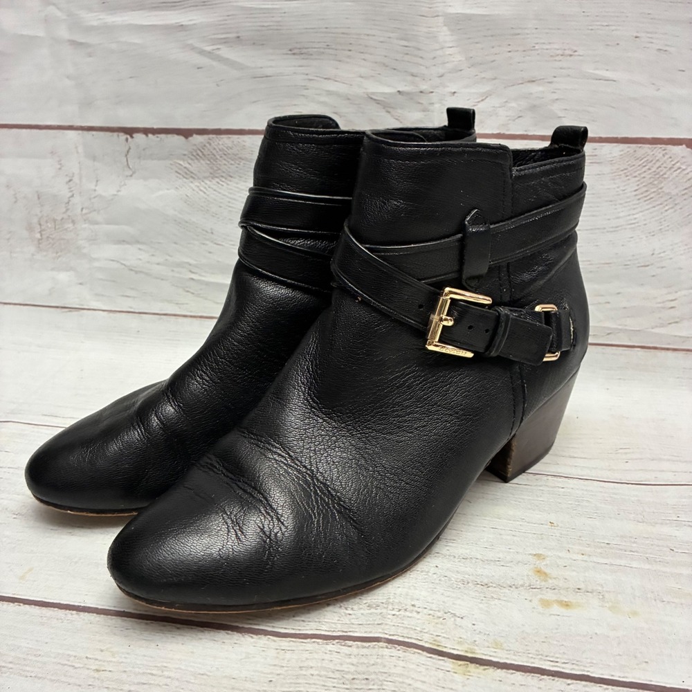 Coach Pauline Ankle Boots Womens 7B Black Leather Buckle Zip Gold Accent